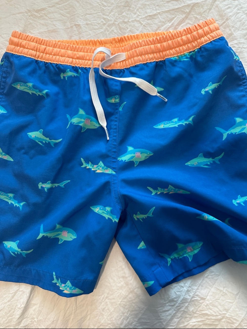 chubbies Blue Shark Print Swim Shorts with Orange Waistband Medium 10-12